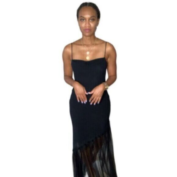 Dave & Johnny Vintage Black Plunging V-Back and Sheer Mesh Formal Maxi Dress - Picture 3 of 11